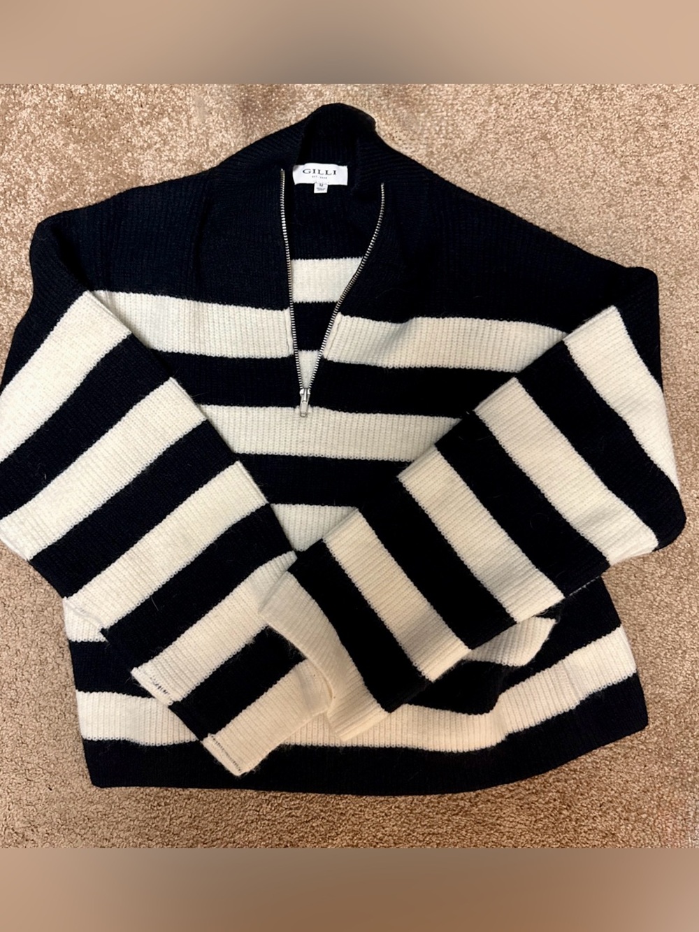 Gilli Black and Cream Striped Half-Zip Turtleneck Sweater